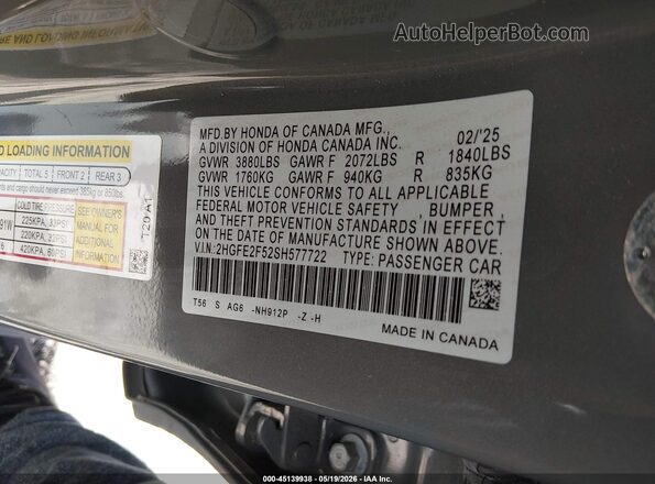 2HGFE2F52SH577722 2025 HONDA CIVIC Gray Շարժիչի բաժամունքի տեսք