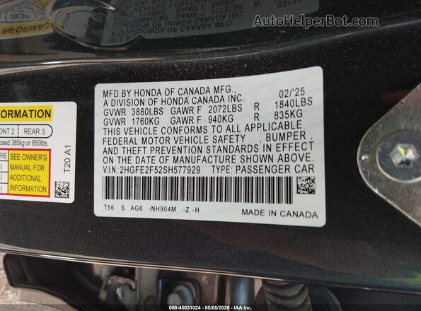 2HGFE2F52SH577929 2025 HONDA CIVIC Black Widok komory silnika