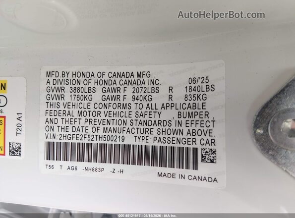 2HGFE2F52TH500219 2026 HONDA CIVIC White Widok komory silnika
