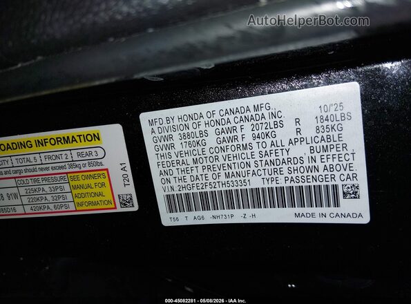 2HGFE2F52TH533351 2026 HONDA CIVIC Black ძრავის განყოფილების ხედი