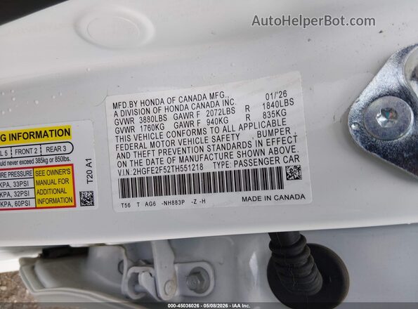 2HGFE2F52TH551218 2026 HONDA CIVIC White Widok komory silnika