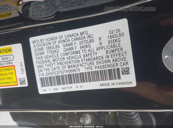 2HGFE2F52TH568679 2026 HONDA CIVIC Черный Вид подкапотного пространства