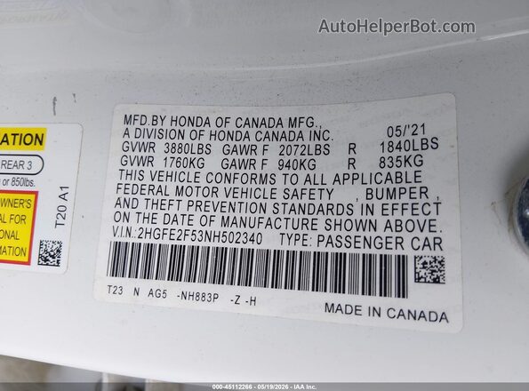 2HGFE2F53NH502340 2022 HONDA CIVIC White Engine compartment view