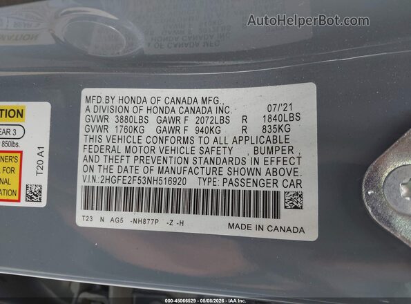 2HGFE2F53NH516920 2022 HONDA CIVIC Gray Widok komory silnika