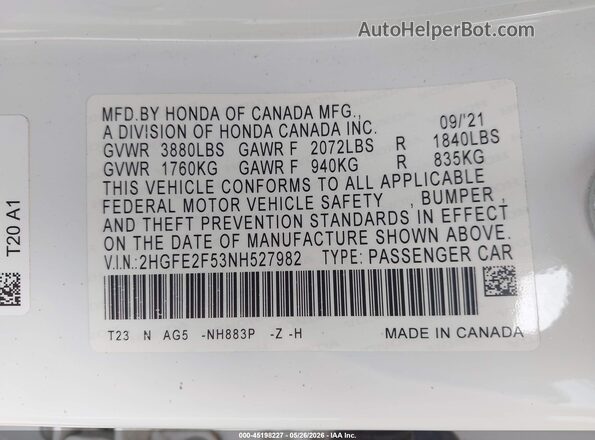 2HGFE2F53NH527982 2022 HONDA CIVIC White Շարժիչի բաժամունքի տեսք