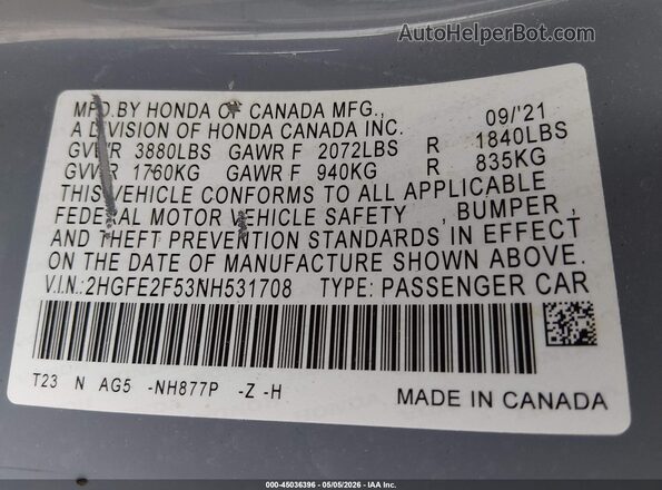 2HGFE2F53NH531708 2022 HONDA CIVIC Light Blue Вид подкапотного пространства