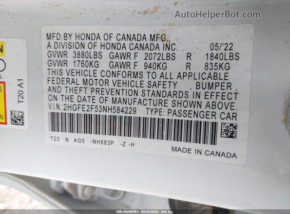 2HGFE2F53NH584229 2022 HONDA CIVIC White 