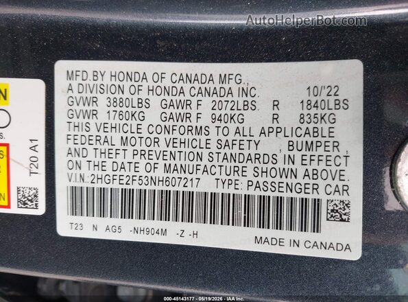 2HGFE2F53NH607217 2022 HONDA CIVIC Black Engine compartment view