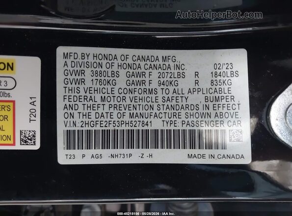 2HGFE2F53PH527841 2023 HONDA CIVIC Black Вид підкапотного простору
