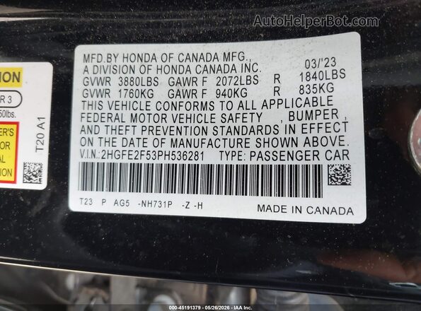 2HGFE2F53PH536281 2023 HONDA CIVIC Black Вид підкапотного простору