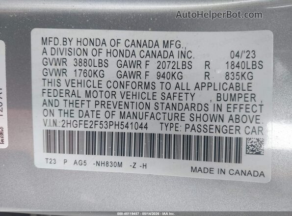 2HGFE2F53PH541044 2023 HONDA CIVIC Silver 