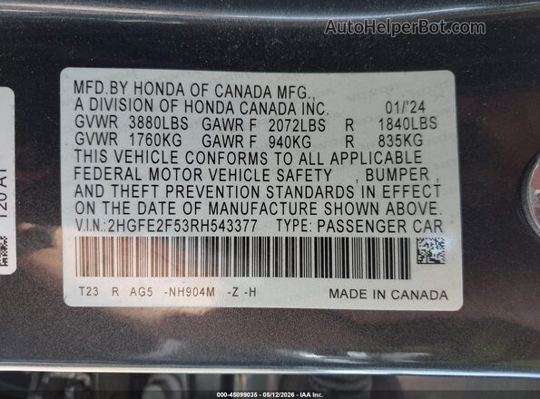 2HGFE2F53RH543377 2024 HONDA CIVIC Серый Вид подкапотного пространства