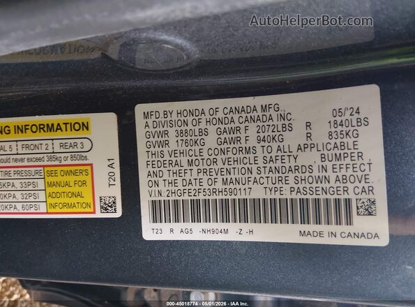 2HGFE2F53RH590117 2024 HONDA CIVIC Gray Vista del compartimento del motor