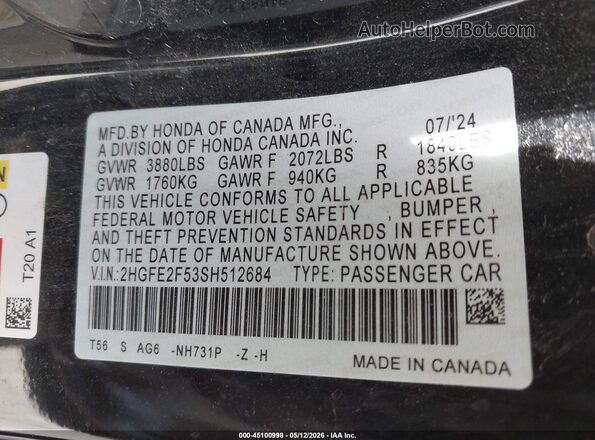 2HGFE2F53SH512684 2025 HONDA CIVIC Black ძრავის განყოფილების ხედი