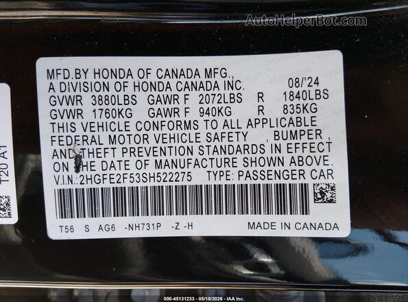 2HGFE2F53SH522275 2025 HONDA CIVIC Black Engine compartment view