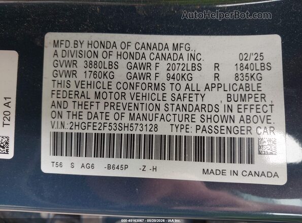 2HGFE2F53SH573128 2025 HONDA CIVIC Blue Շարժիչի բաժամունքի տեսք