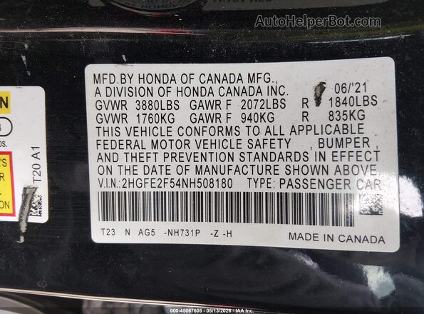 2HGFE2F54NH508180 2022 HONDA CIVIC Black 