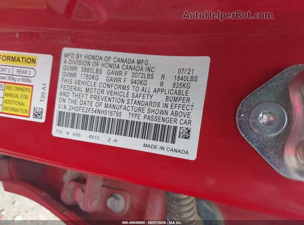 2HGFE2F54NH516795 2022 HONDA CIVIC Красный Вид подкапотного пространства