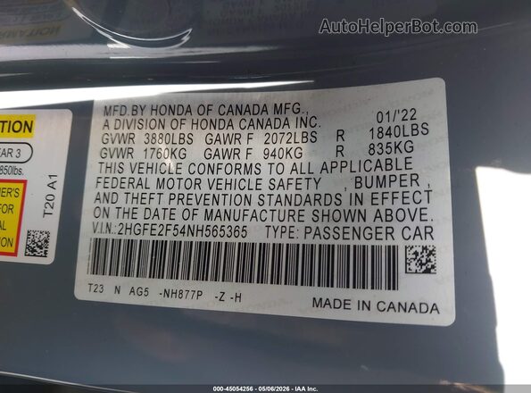2HGFE2F54NH565365 2022 HONDA CIVIC Gray 