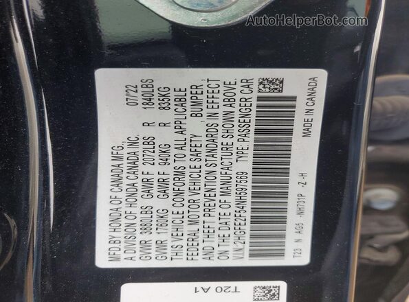 2HGFE2F54NH597569 2022 HONDA CIVIC Black Շարժիչի բաժամունքի տեսք