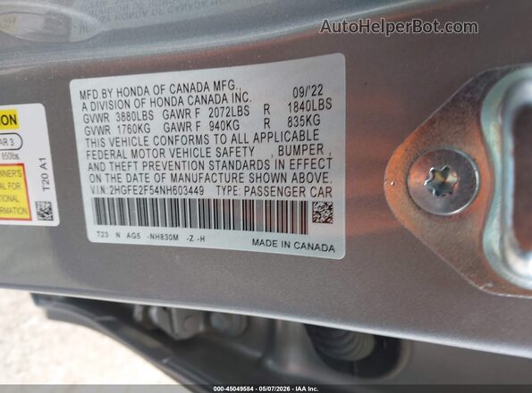 2HGFE2F54NH603449 2022 HONDA CIVIC Серый Вид подкапотного пространства