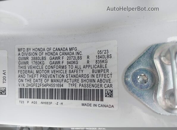 2HGFE2F54PH551694 2023 HONDA CIVIC White Вид підкапотного простору