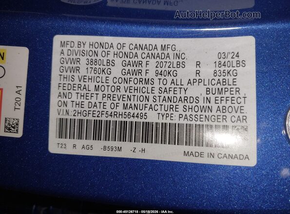2HGFE2F54RH564495 2024 HONDA CIVIC Blue ძრავის განყოფილების ხედი
