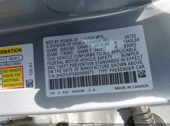 2HGFE2F54SH606573 2025 HONDA CIVIC Silver ძრავის განყოფილების ხედი