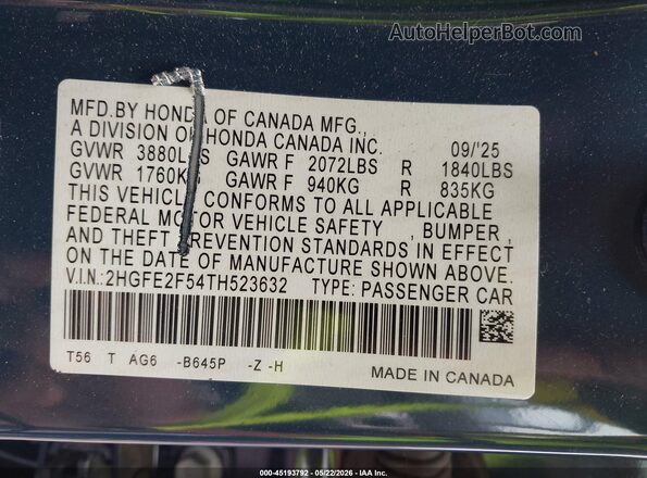 2HGFE2F54TH523632 2026 HONDA CIVIC Blue Vista del compartimento del motor