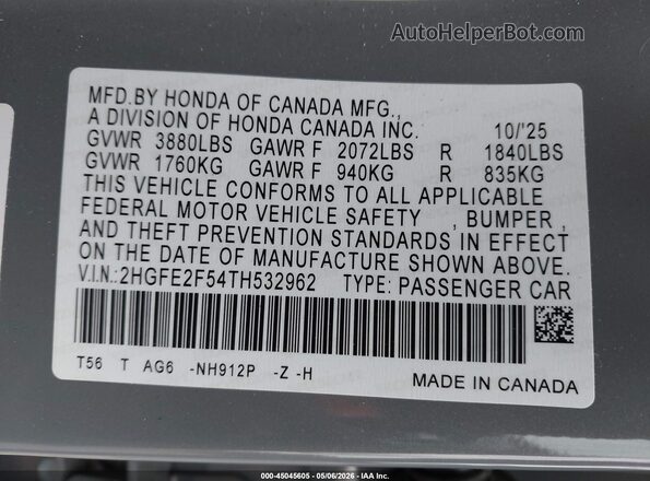 2HGFE2F54TH532962 2026 HONDA CIVIC Gray Engine compartment view