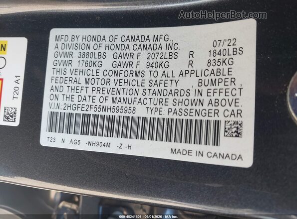 2HGFE2F55NH595958 2022 HONDA CIVIC Gray Շարժիչի բաժամունքի տեսք
