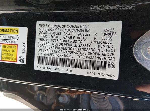 2HGFE2F55NH602018 2022 HONDA CIVIC Черный Вид подкапотного пространства