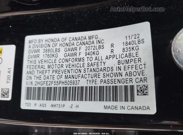 2HGFE2F55PH505937 2023 HONDA CIVIC Black Engine compartment view