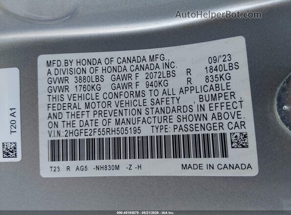2HGFE2F55RH505195 2024 HONDA CIVIC Silver Vista del compartimento del motor