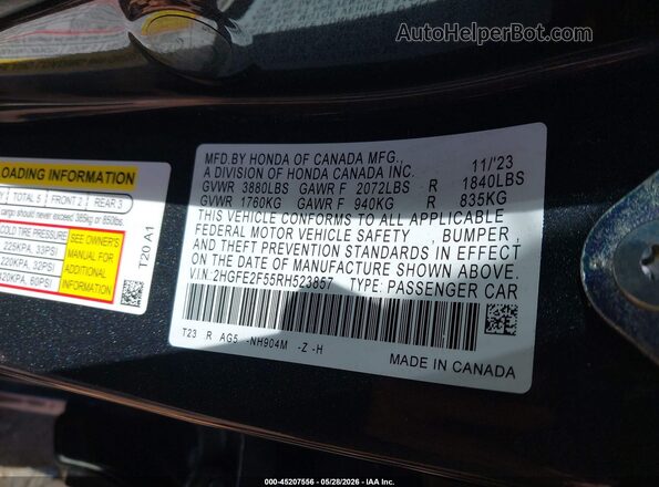 2HGFE2F55RH523857 2024 HONDA CIVIC Gray Вид підкапотного простору