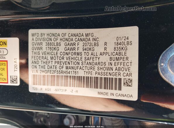 2HGFE2F55RH541761 2024 HONDA CIVIC Черный Вид подкапотного пространства