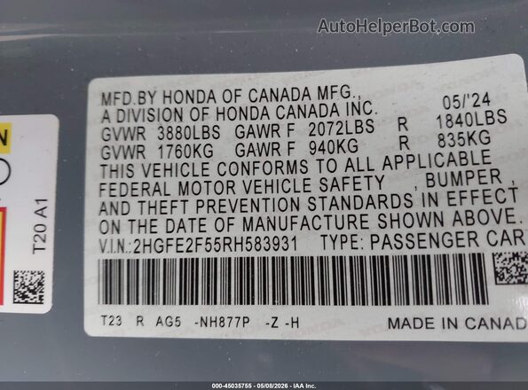 2HGFE2F55RH583931 2024 HONDA CIVIC Gray Widok komory silnika