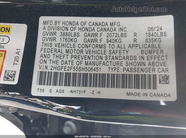 2HGFE2F55SH506451 2025 HONDA CIVIC Black Вид підкапотного простору