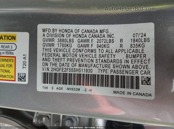 2HGFE2F55SH511830 2025 HONDA CIVIC Silver Widok komory silnika