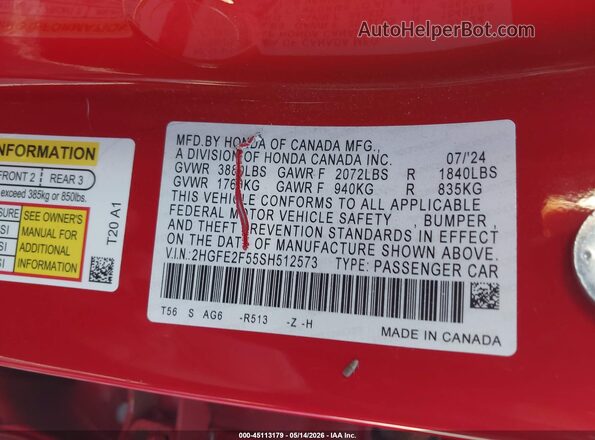 2HGFE2F55SH512573 2025 HONDA CIVIC Red Widok komory silnika