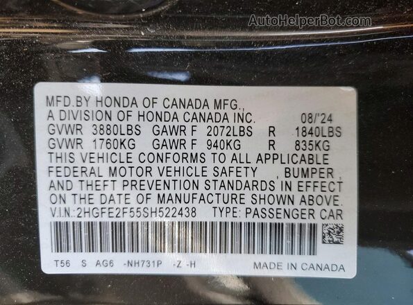 2HGFE2F55SH522438 2025 HONDA CIVIC Black 