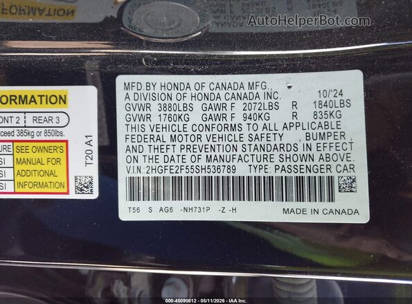 2HGFE2F55SH536789 2025 HONDA CIVIC Black Engine compartment view