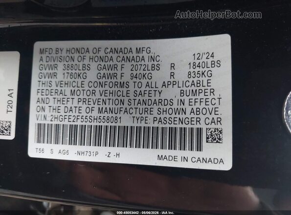 2HGFE2F55SH558081 2025 HONDA CIVIC Черный Вид подкапотного пространства