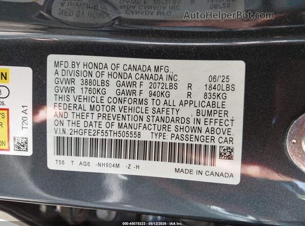 2HGFE2F55TH505558 2026 HONDA CIVIC Gray Շարժիչի բաժամունքի տեսք