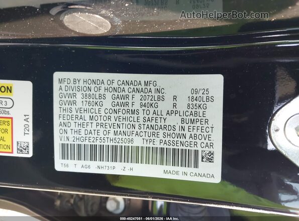 2HGFE2F55TH525096 2026 HONDA CIVIC Black Widok komory silnika