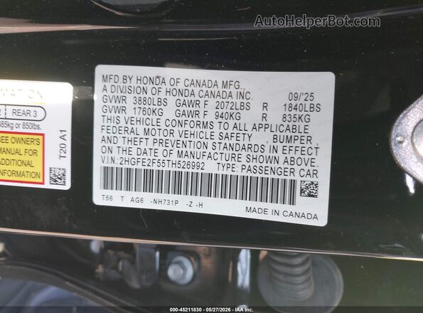 2HGFE2F55TH526992 2026 HONDA CIVIC Black Engine compartment view