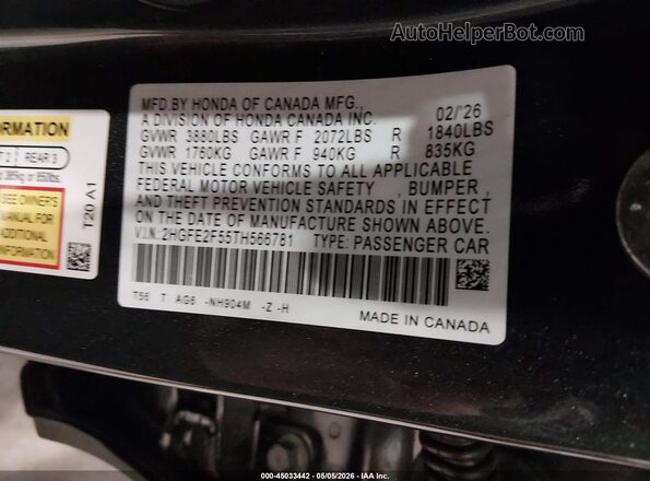 2HGFE2F55TH566781 2026 HONDA CIVIC Gray 