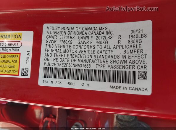 2HGFE2F56NH531668 2022 HONDA CIVIC Red 