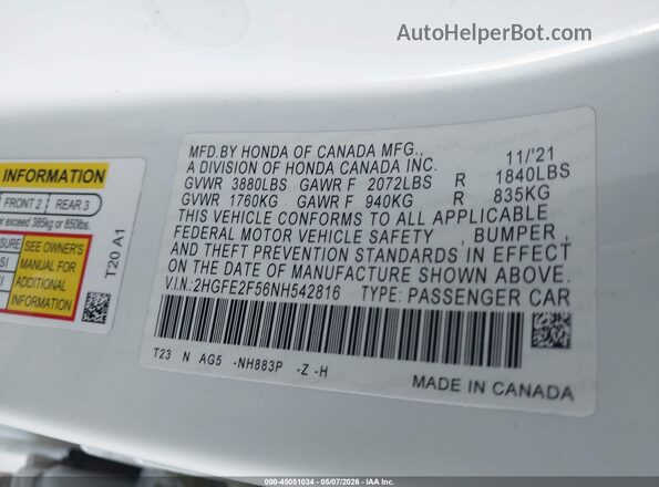 2HGFE2F56NH542816 2022 HONDA CIVIC Белый Вид подкапотного пространства