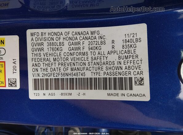 2HGFE2F56NH548745 2022 HONDA CIVIC Синий Вид подкапотного пространства